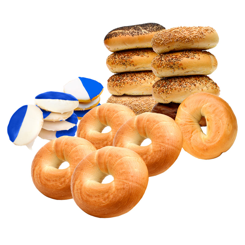 13 Assorted Bagels &  8 Blue & White Cookies Combo Box